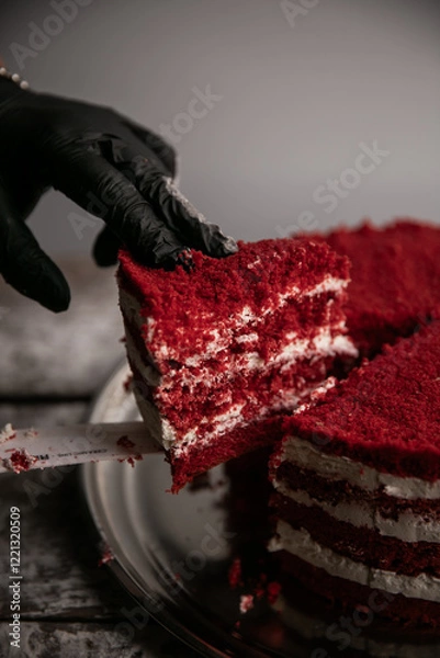 Fototapeta a cut triangular piece of red velvet cake
