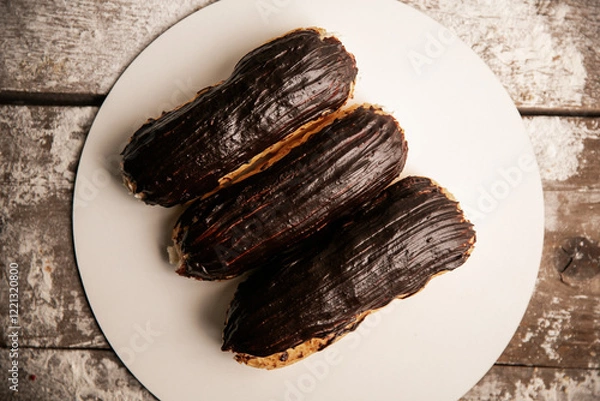 Fototapeta Chocolate eclair with a custard cream filling on a white plate