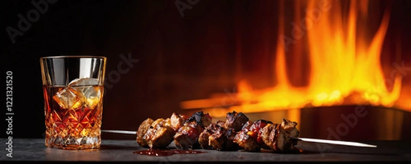 Fototapeta Grilled skewers served with whiskey in front of a crackling fire, showcasing culinary craftsmanship and vibrant flavors