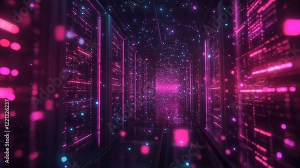 Obraz A decentralized cloud storage network visualized as glowing data blocks floating securely in cyberspace