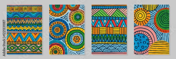 Obraz Poster ethnic African tribal ornaments. Abstract background design templates with ancient tribe geometric drawn elements, patterns, shapes. Design wall decoration, postcards, poster or brochure