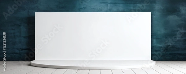 Fototapeta Blank white stage with circular platform against dark blue textured wall in modern exhibition space
