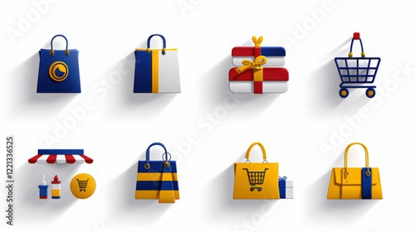 Obraz A Set of shopping and e-commerce vector icons with bags and carts in Blue and Yellow , unique vector icon set emoji