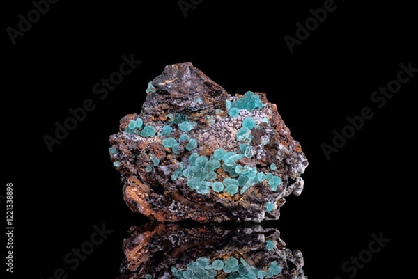 Fototapeta Adamite blue crystals. Specimen from Hilarion Mine, Greece. photography isolated on black background. macro detail close-up mineral crystal unpolished semi-precious gemstone.
