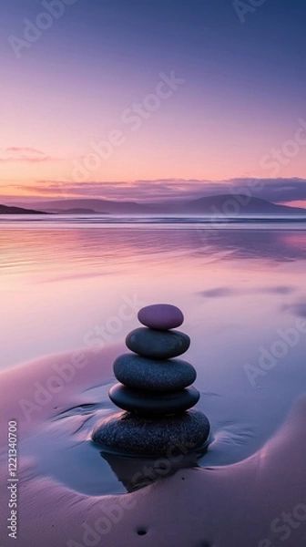 Obraz Balanced stones on serene beach at sunset, reflecting vibrant colors in calm water, creating a peaceful and tranquil atmosphere