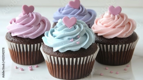 Fototapeta Three colorful cupcakes with frosting are beautifully arranged on a white plate, perfect for a sweet Valentine's treat.