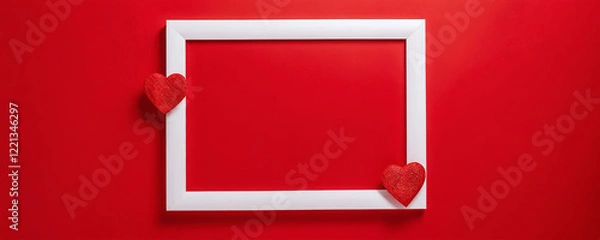 Fototapeta Empty picture frame with decorative red hearts on a vibrant red background for romantic occasions or events