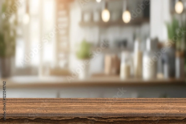 Fototapeta Empty dark wooden table in front of abstract blurred bokeh background of kitchen. Can be used for display or montage your products. Mock up for space.