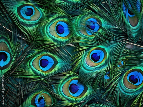 Fototapeta Vibrant peacock feathers showcasing intricate patterns of blue and green hues in natural light