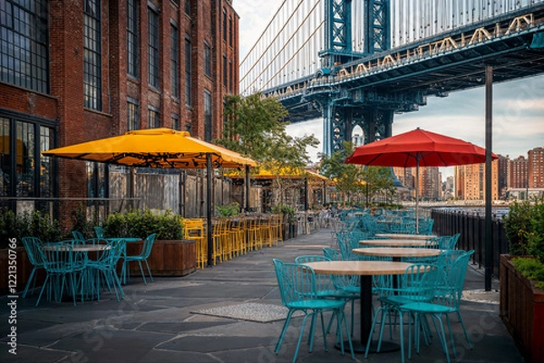 Fototapeta A vibrant outdoor dining area in Brooklyn, New York, offers stunning views of the Manhattan Bridge and the East River. Colorful umbrellas shade the tables and chairs, creating a festive atmosphere.