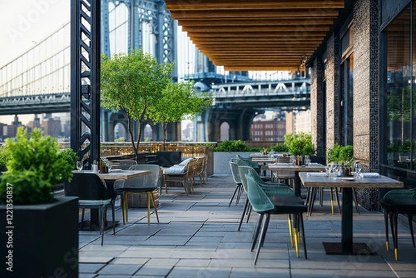 Fototapeta A stylish outdoor dining terrace with elegant tables and chairs, adorned with lush green plants. The space offers a stunning view of the Brooklyn Bridge, with warm sunlight enhancing the modern yet co