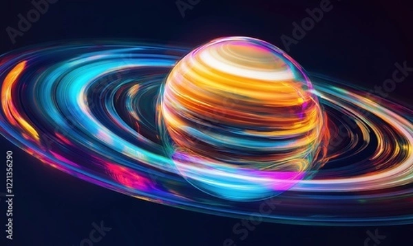 Fototapeta Vibrant Saturn with Colorful Rings in Cosmic Space, Abstract Art Representation of Planetary Motion and Light