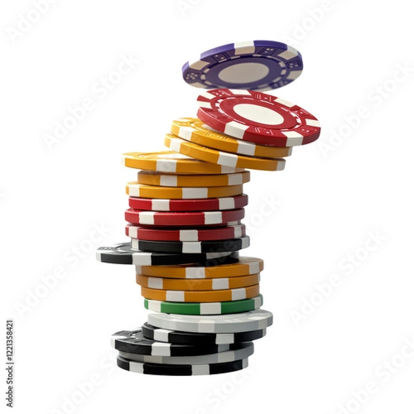 Obraz Stacked poker chips in various colors isolated on a transparent background