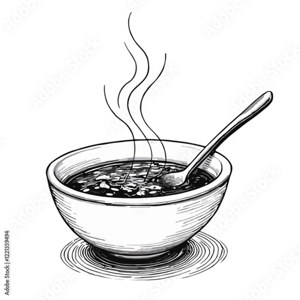 Fototapeta Bowl of steaming soup with spoon in black and white sketch style.
