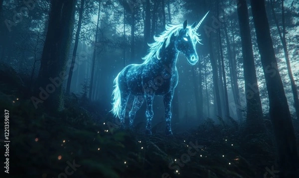 Fototapeta Glowing Unicorn in Enchanted Forest Surrounded by Mystical Light and Fog