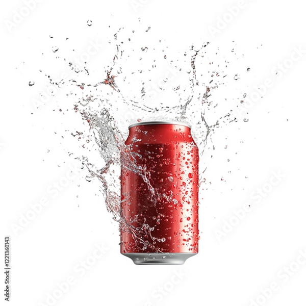 Fototapeta Red soda can splashing water on a transparent background, ideal for ads