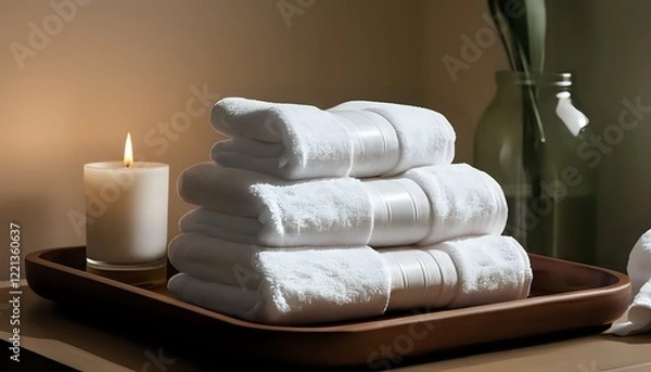 Fototapeta Serene Spa Towels: Soft, Luxurious Stack on Wooden Tray
