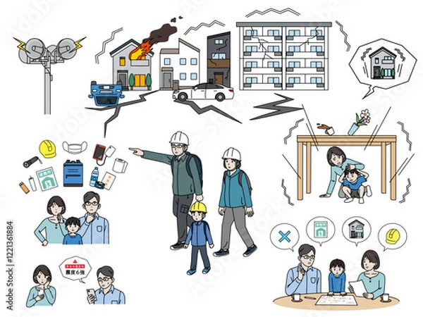 Obraz 震災、地震に備える家族のイラストセット