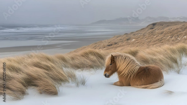 Obraz Icelandic Horse Resting in Snowy Dunes by the Ocean