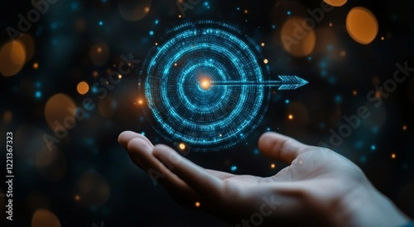 Fototapeta Hand holding a glowing target with digital arrow and bokeh lights background