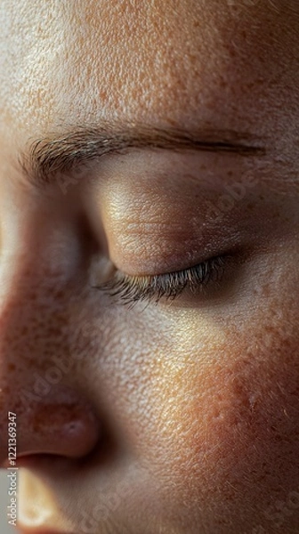 Fototapeta A close-up of a person’s face, soft light highlighting freckles and skin contours, gentle shadows enhancing texture, creating a natural, radiant glow.