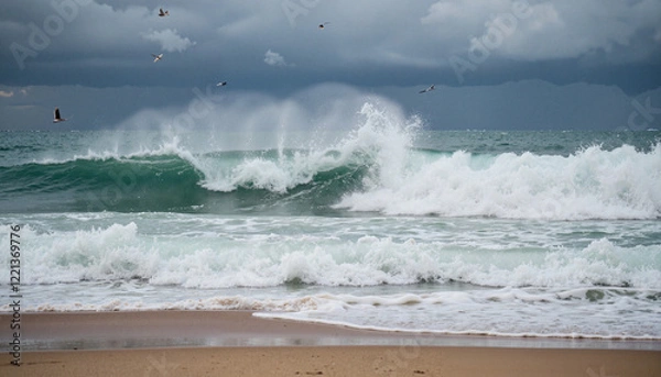 Fototapeta Dynamic waves crashing on stormy beach under dark sky, natural power