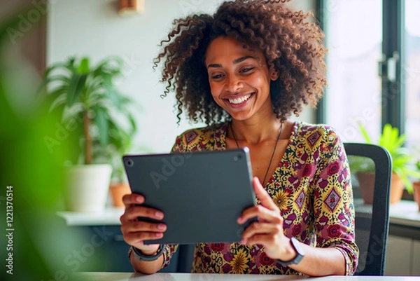 Obraz Smiling Woman Working on Tablet in Cozy Home Office Setting