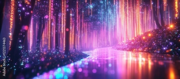 Obraz Enchanting nighttime forest scene with a winding pathway illuminated by glowing fairy lights reflected on the still waters of a serene lake  A mysterious and dreamlike atmosphere