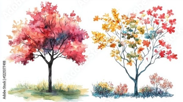 Fototapeta Watercolor Blooming Flower Tree Side View for Landscape and Architecture Drawing