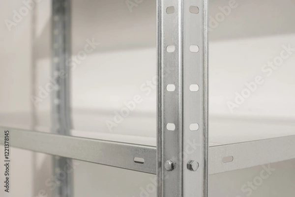 Fototapeta Empty stainless steel metal shelving unit with adjustable shelf for storage organization
