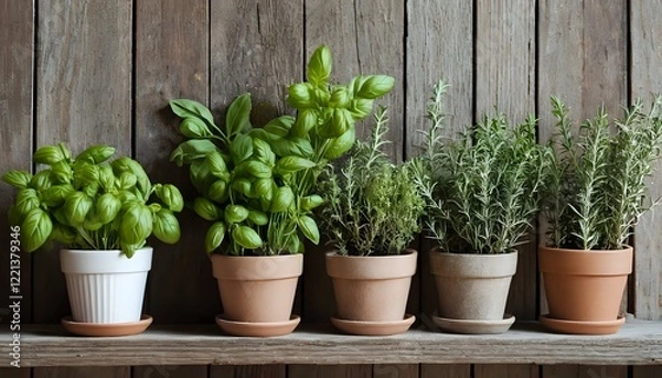 Fototapeta Rustic Herb Collection: Vibrant Basil, Rosemary, and Thyme in Earthen Pots