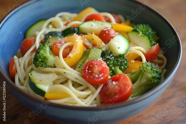 Obraz Close-up of pasta primavera with basil, Parmesan, and vegetables