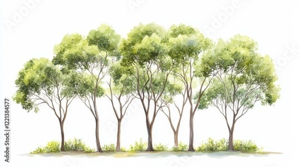 Fototapeta Watercolor Tree Side View Isolated on White Background for Landscape and Architecture Drawing