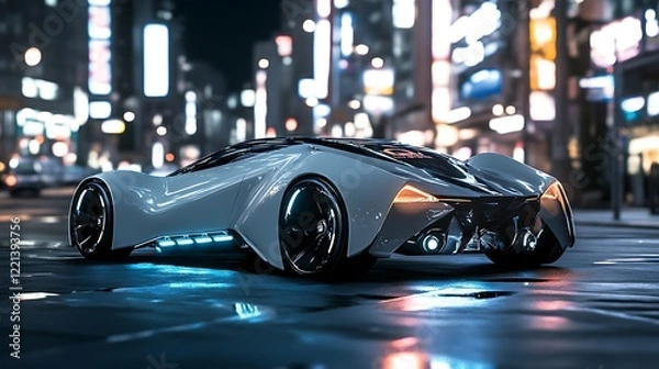 Fototapeta view of city harbor at night with car 