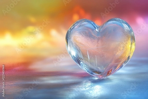 Fototapeta A glass heart rests on a reflective surface, symbolizing love and affection for Valentine's Day.