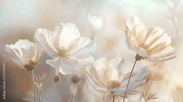 Fototapeta Soft, delicate white flowers in a field bathed in warm sunlight. A serene and peaceful image.