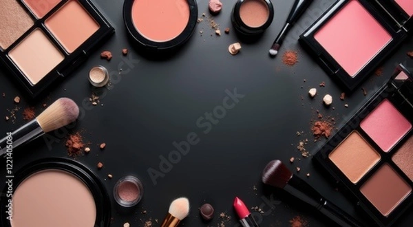Fototapeta A close up of a table with various makeup products and brushes