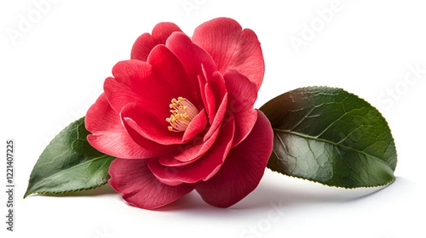 Fototapeta A vibrant red camellia blossom with lush green leaves, isolated on a white background. Perfect for elegant designs.