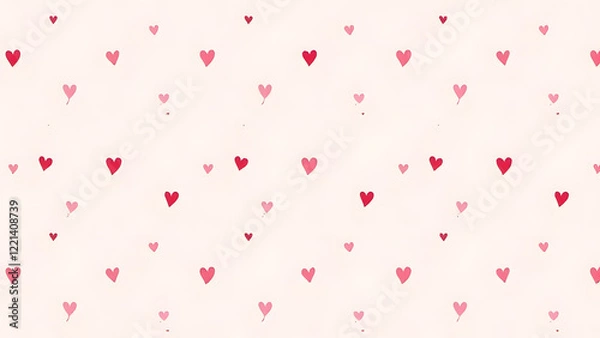 Fototapeta A photo of small, crisp hand-drawn hearts and arrows arranged symmetrically on a light pastel background in shades of pink and red