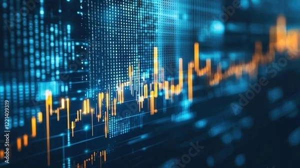Fototapeta Abstract financial graph with dynamic blue and orange lines on a digital background, symbolizing market trends and economic analysis. Perfect for finance and business strategy themes.