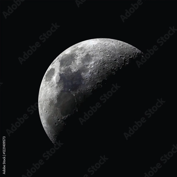 Fototapeta Realistic moon vector isolated on black background. Half moon illustration. Detailed Luna. Super moon in dark background.