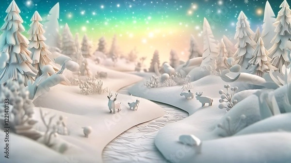 Fototapeta A whimsical paper art winter wonderland featuring tiny animals, a winding snowy trail, and a softly glowing aurora borealis in the sky