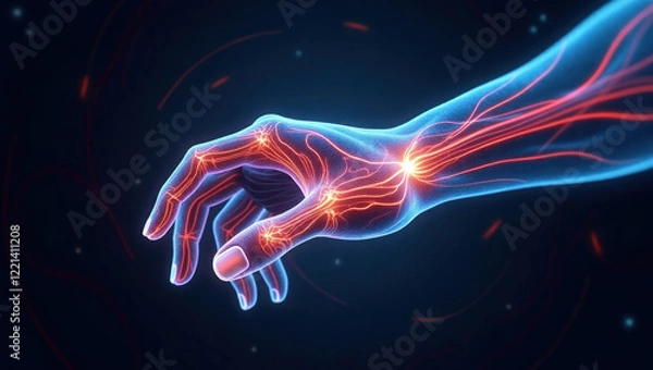 Fototapeta Abstract illustration of human hand with glowing veins and nerves on dark background for medical visualization