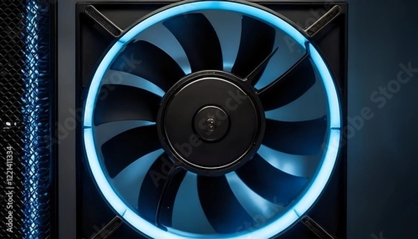 Fototapeta Illuminated Computer Fan: Sleek Black Design with Cool Blue LED Lighting