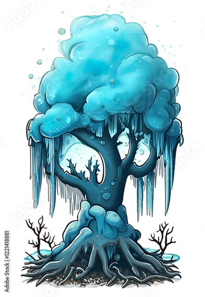 Obraz Flowing frozen fairy winter tree. Image of a snowy ice tree with icicles in the landscape..Object isolated.