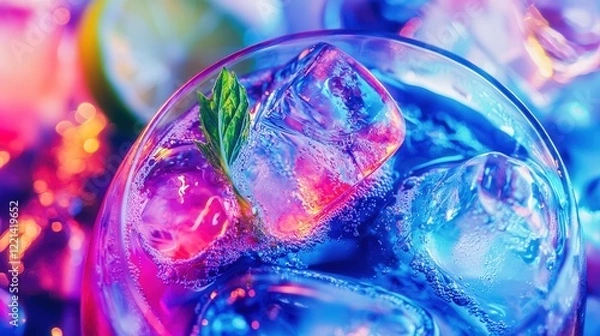 Fototapeta A close-up shot of a cocktail with neon-colored liquid swirling in a sleek glass, glistening ice cubes, and glowing garnishes of lime and mint floating on top, illuminated by vibrant light.