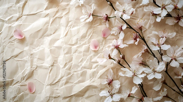 Fototapeta Delicate blossoms arranged on crumpled paper. A springtime floral scene perfect for cards, invitations, or blogs.