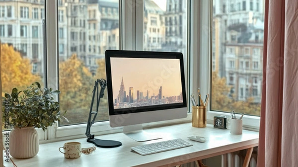 Fototapeta Modern home office workspace displaying new york city skyline on computer monitor by window