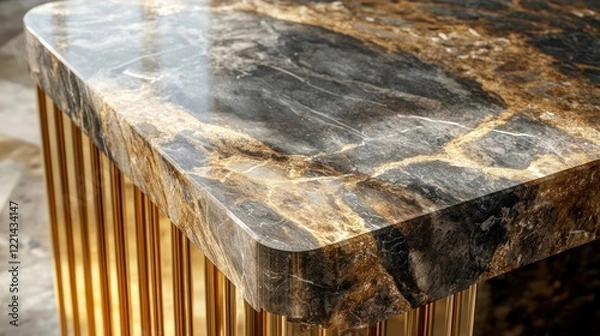 Fototapeta Close-up of polished marble table top with gold metal base.