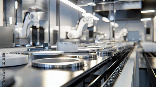 Fototapeta Robotic arms working on assembly line in modern factory